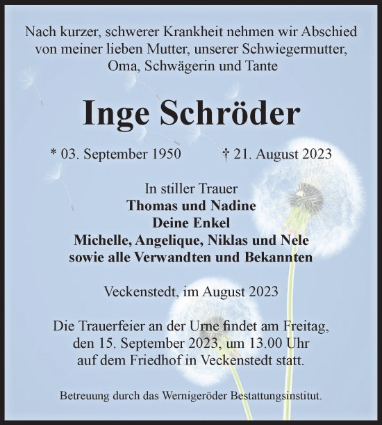 Traueranzeige von Inge Schröder von Volksstimme Wernigerode