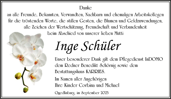 Traueranzeige von Inge Schüler von Trauerkombi Quedlinburg