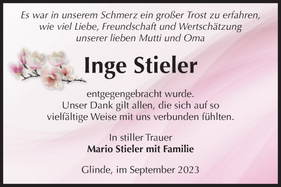 Traueranzeige von Inge Stieler von Volksstimme Schönebeck