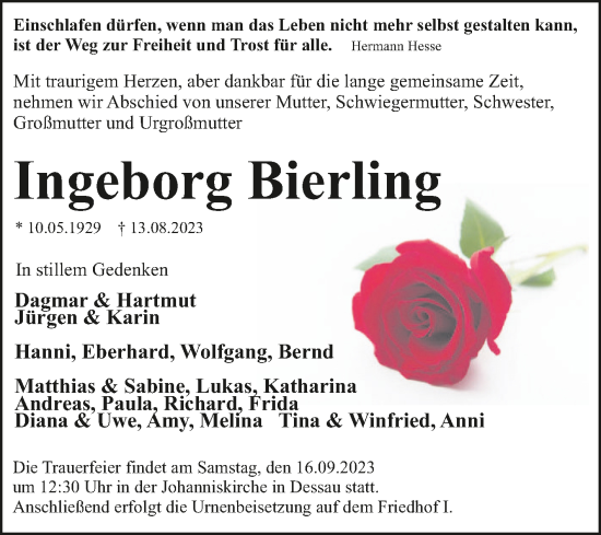 Traueranzeige von Ingeborg Bierling von Trauerkombi Dessau