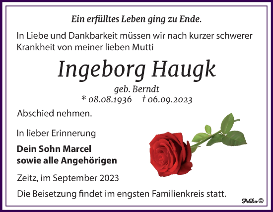 Traueranzeige von Ingeborg Haugk von Trauerkombi Zeitz