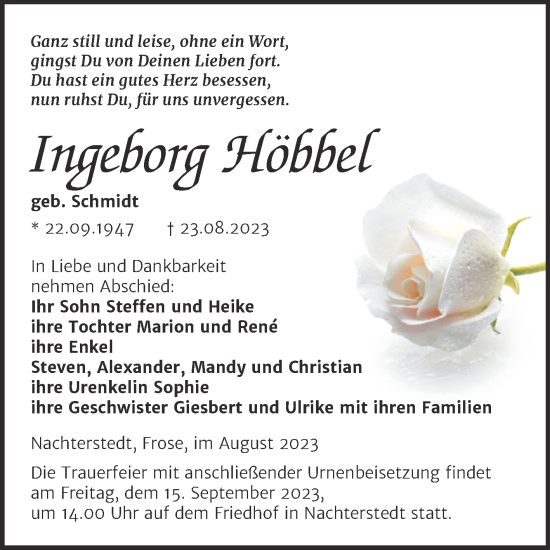 Traueranzeige von Ingeborg Höbbel von Trauerkombi Aschersleben