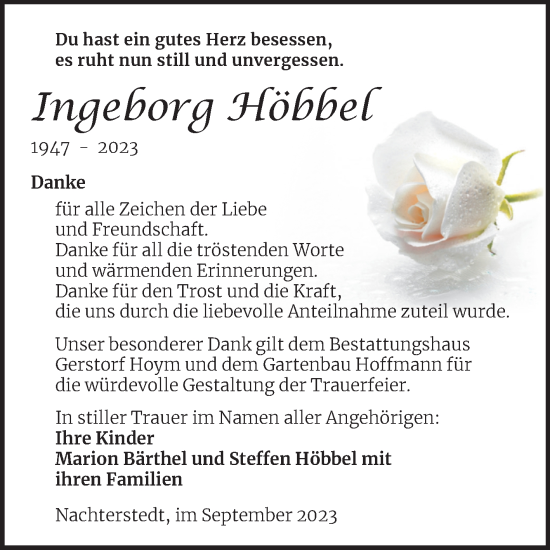 Traueranzeige von Ingeborg Höbbel von Trauerkombi Aschersleben