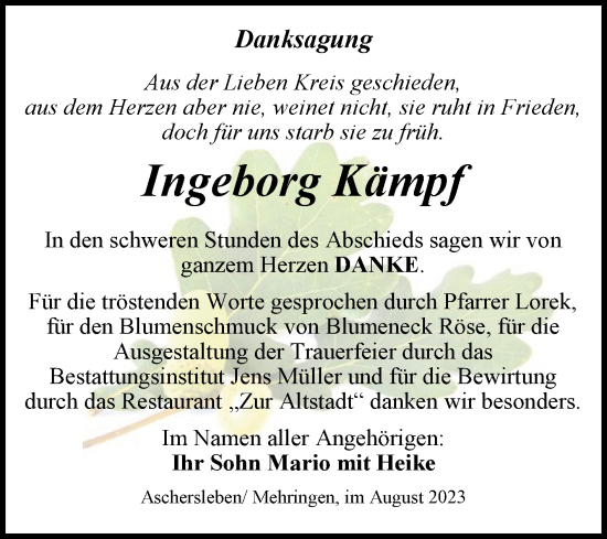 Traueranzeige von Ingeborg Kämpf von Trauerkombi Aschersleben