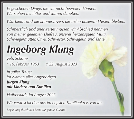 Traueranzeige von Ingeborg Klung von Volksstimme Halberstadt