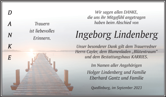 Traueranzeige von Ingeborg Lindenberg von Trauerkombi Quedlinburg