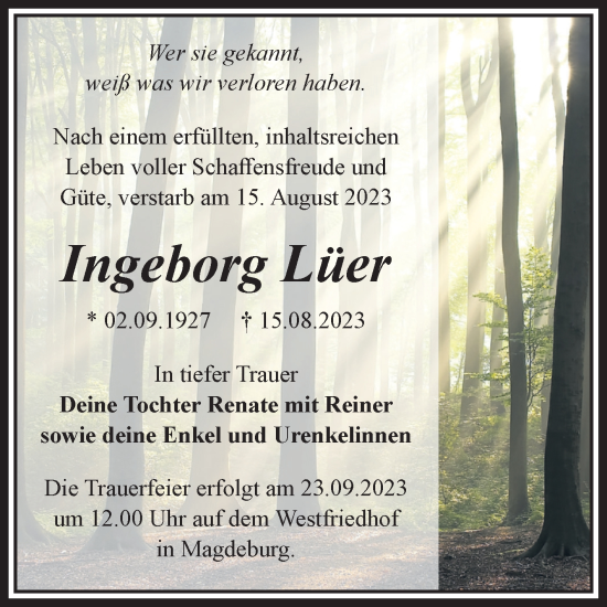 Traueranzeige von Ingeborg Lüer von Volksstimme Magdeburg