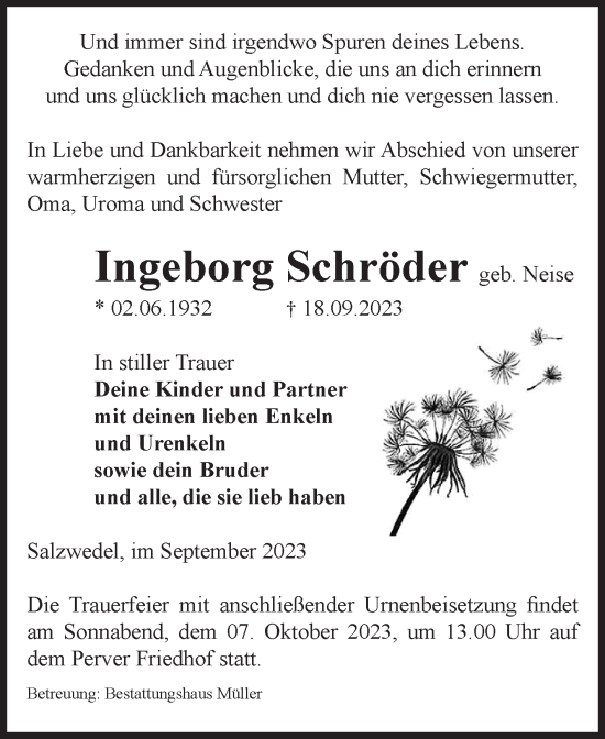 Traueranzeige von Ingeborg Schröder von Volksstimme Altmark West