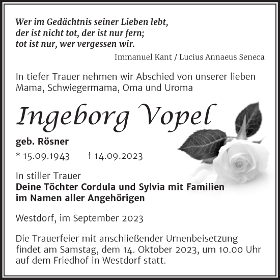 Traueranzeige von Ingeborg Vopel von Trauerkombi Aschersleben