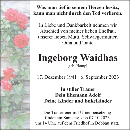 Traueranzeige von Ingeborg Waidhas von Trauerkombi Bitterfeld