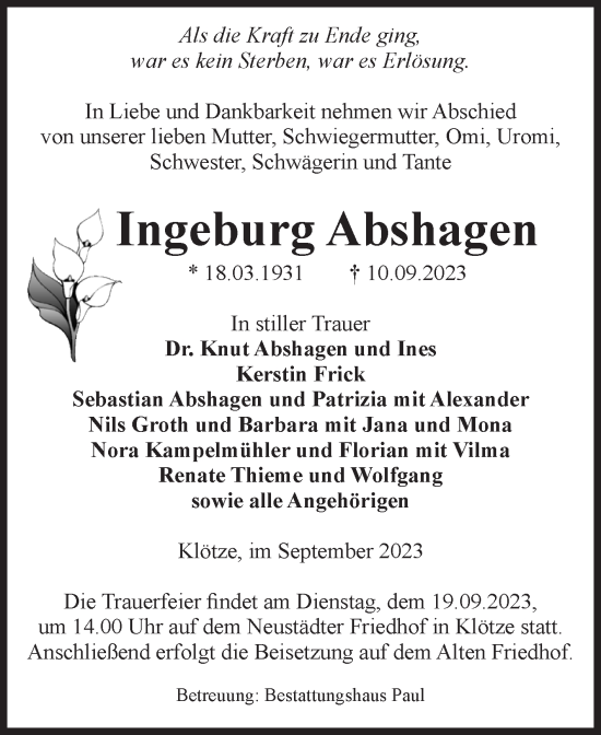 Traueranzeige von Ingeburg Abshagen von Volksstimme Altmark West