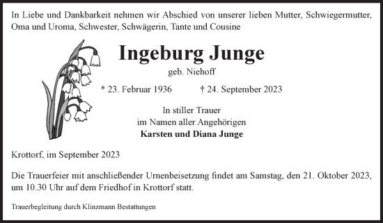Traueranzeige von Ingeburg Junge von Volksstimme Oschersleben/Wanzleben