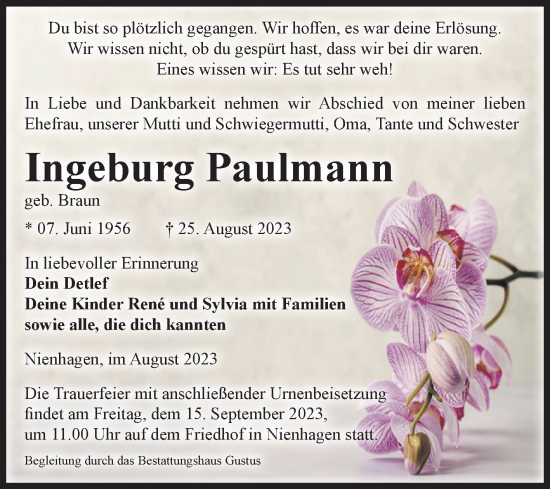 Traueranzeige von Ingeburg Paulmann von Volksstimme Halberstadt
