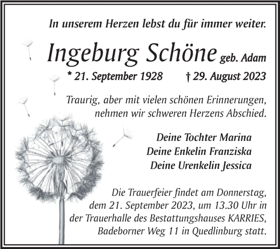 Traueranzeige von Ingeburg Schöne von Trauerkombi Quedlinburg