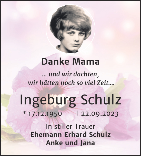 Traueranzeige von Ingeburg Schulz von Trauerkombi Dessau