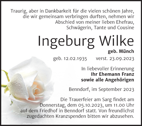 Traueranzeige von Ingeburg Wilke von Trauerkombi Mansfelder Land