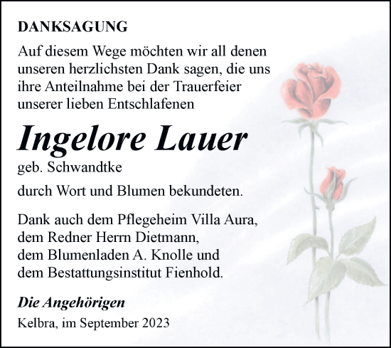 Traueranzeige von Ingelore Lauer von Trauerkombi Sangerhausen