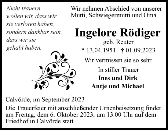 Traueranzeige von Ingelore Rödiger von Volksstimme Haldensleben/Wolmirstedt