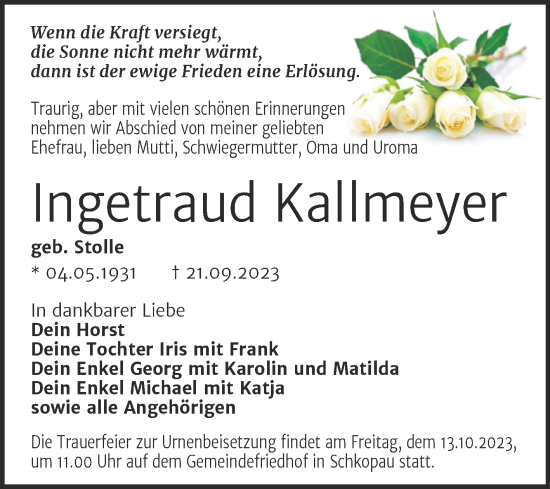 Traueranzeige von Ingetraud Kallmeyer von Trauerkombi Merseburg