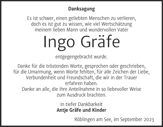 Traueranzeige von Ingo Gräfe von Trauerkombi Mansfelder Land
