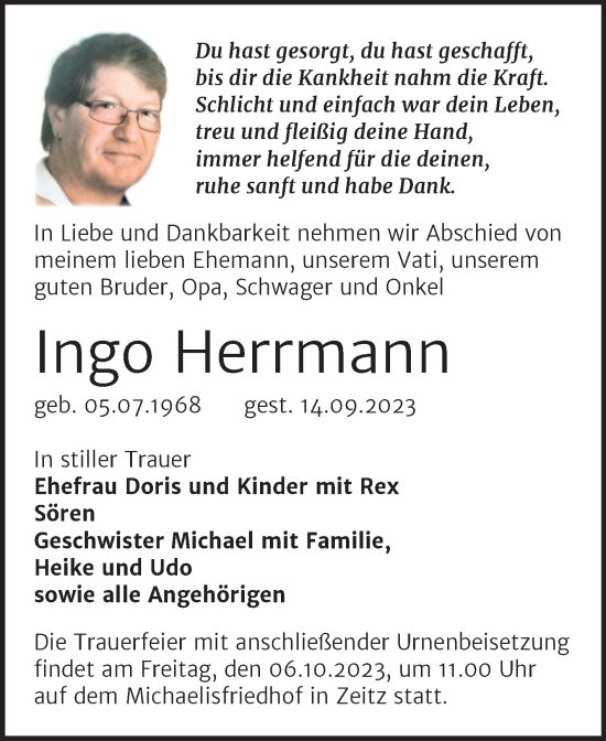 Traueranzeige von Ingo Herrmann von Trauerkombi Zeitz