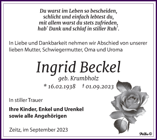 Traueranzeige von Ingrid Beckel von Trauerkombi Zeitz
