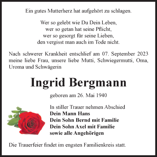 Traueranzeige von Ingrid Bergmann von Volksstimme Haldensleben/Wolmirstedt