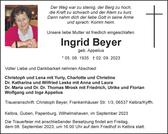 Traueranzeige von Ingrid Beyer von Mitteldeutsche Zeitung Sangerhausen
