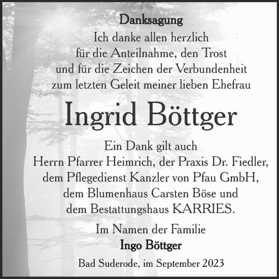 Traueranzeige von Ingrid Böttger von Trauerkombi Quedlinburg