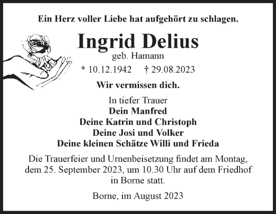 Traueranzeige von Ingrid Delius von Volksstimme Staßfurt