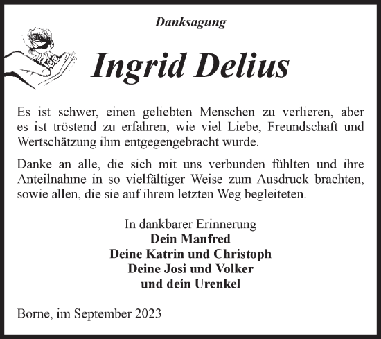 Traueranzeige von Ingrid Delius von Volksstimme Staßfurt