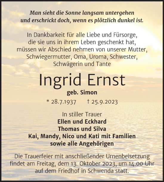 Traueranzeige von Ingrid Ernst von Trauerkombi Sangerhausen