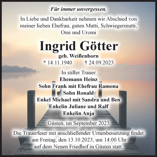 Traueranzeige von Ingrid Götter von Volksstimme Staßfurt