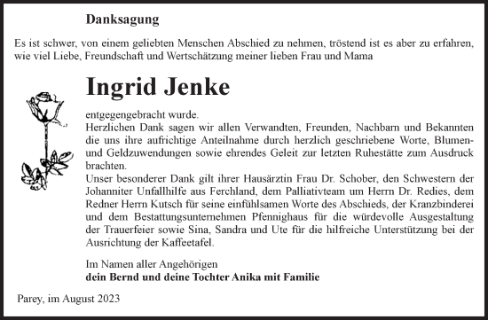 Traueranzeige von Ingrid Jenke von Volksstimme Burg/Genthin