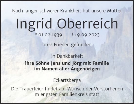 Traueranzeige von Ingrid Oberreich von Naumburger Tageblatt