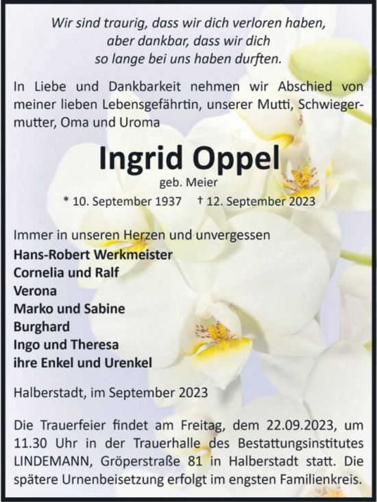 Traueranzeige von Ingrid Oppel von Volksstimme Halberstadt