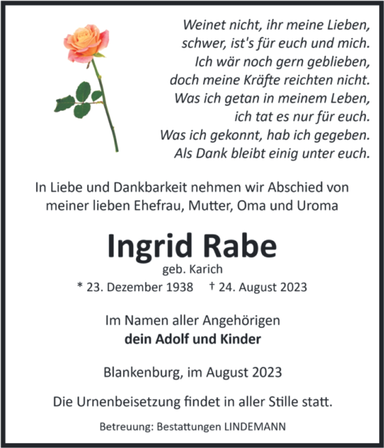 Traueranzeige von Ingrid Rabe von Volksstimme Wernigerode