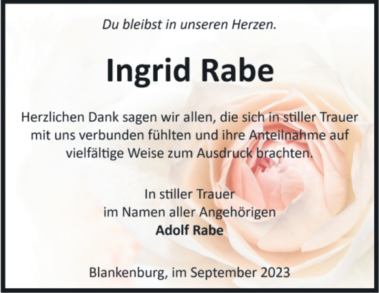 Traueranzeige von Ingrid Rabe von Volksstimme Wernigerode
