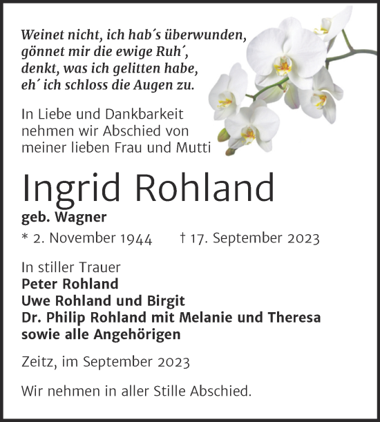 Traueranzeige von Ingrid Rohland von Trauerkombi Zeitz