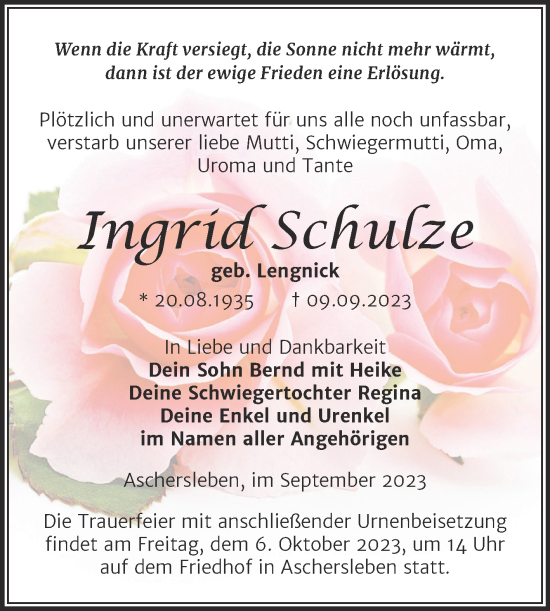 Traueranzeige von Ingrid Schulze von Trauerkombi Aschersleben
