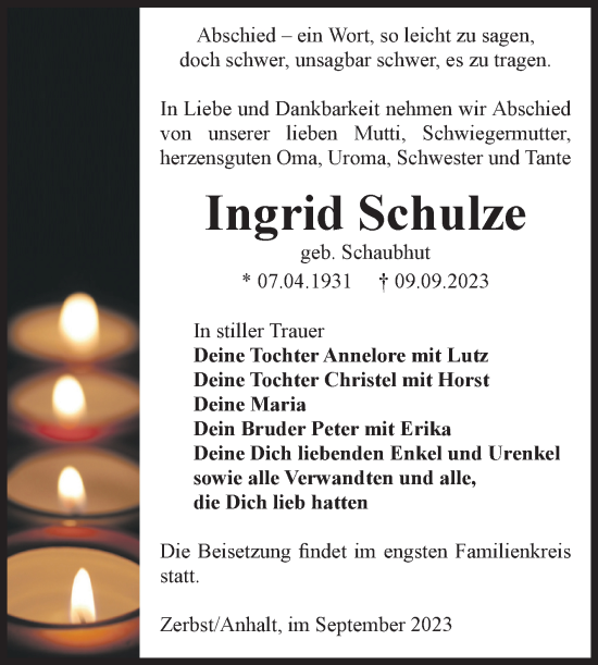 Traueranzeige von Ingrid Schulze von Volksstimme Zerbst