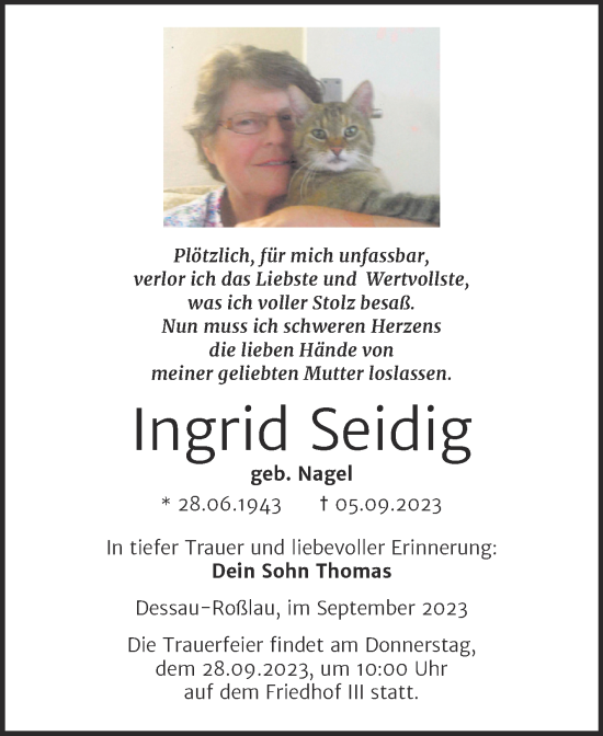 Traueranzeige von Ingrid Seidig von Trauerkombi Dessau