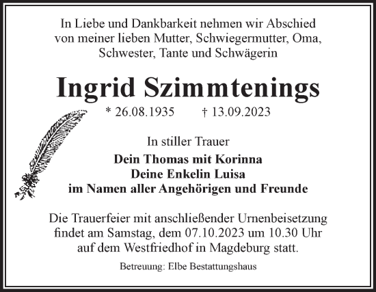 Traueranzeige von Ingrid Szimmtenings von Volksstimme Magdeburg