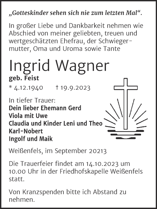 Traueranzeige von Ingrid Wagner von Trauerkombi Weißenfels