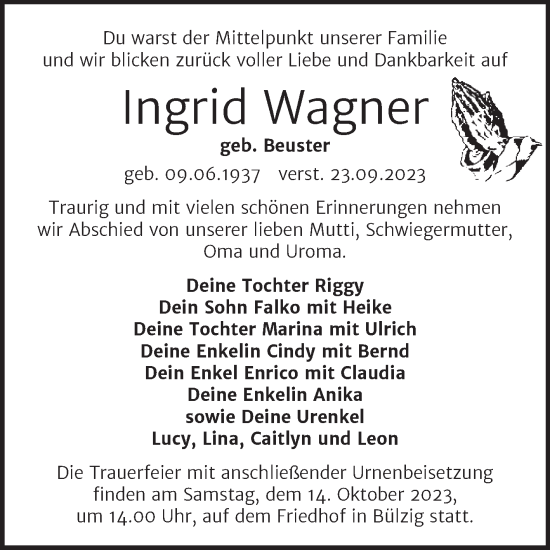Traueranzeige von Ingrid Wagner von Trauerkombi Wittenberg