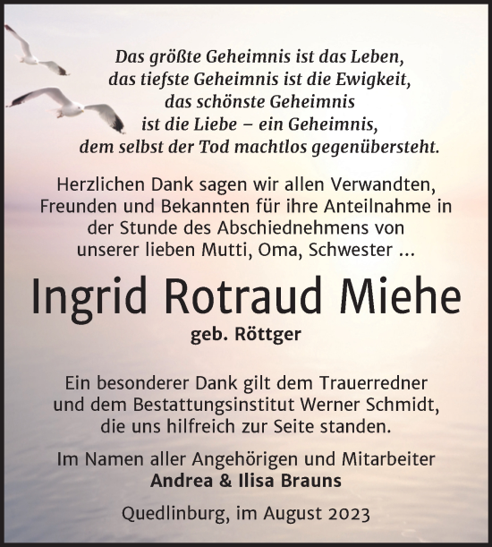 Traueranzeige von Ingrid Rotraud Miehe von Trauerkombi Quedlinburg