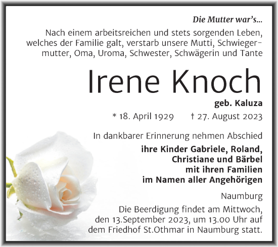 Traueranzeige von Irene Knoch von Wochenspiegel Naumburg/Nebra