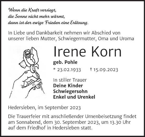 Traueranzeige von Irene Korn von Trauerkombi Quedlinburg