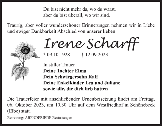 Traueranzeige von Irene Scharff von Volksstimme Schönebeck