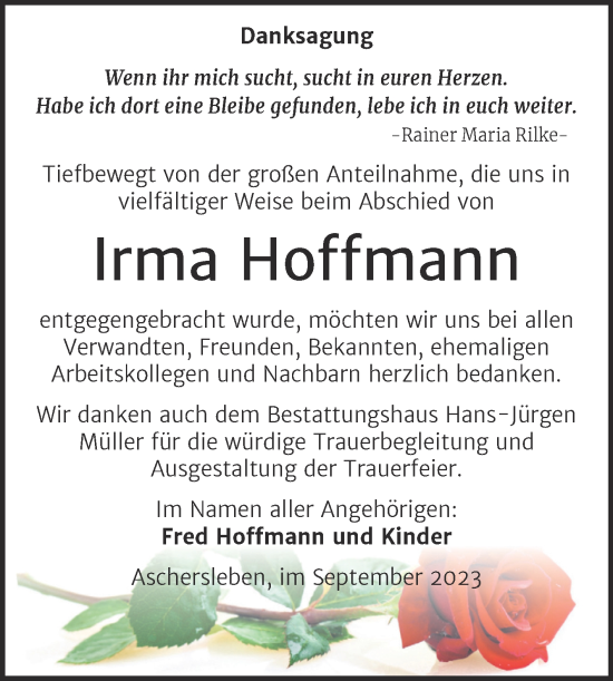 Traueranzeige von Irma Hoffmann von Trauerkombi Aschersleben